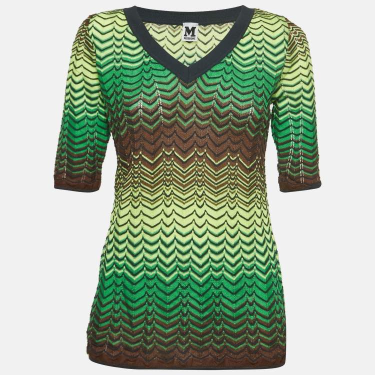 Pre Owned M Missoni Green Chevron Pattern Knit V-Neck Top L