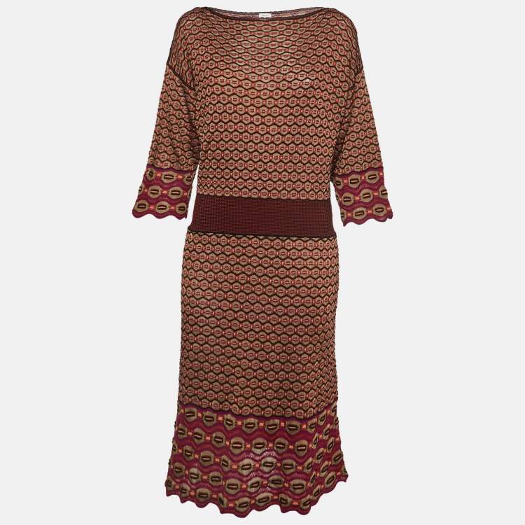 Pre Owned M Missoni Pink Honeycomb Pattern Knit Midi Dress L