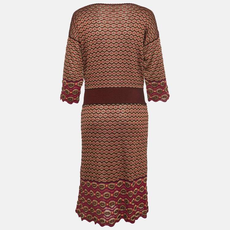 Pre Owned M Missoni Pink Honeycomb Pattern Knit Midi Dress L