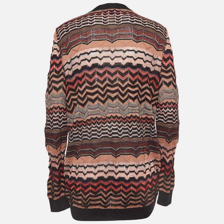 Pre Owned M Missoni Multicolor Chevron Pattern Perforated Knit Long Cardigan L