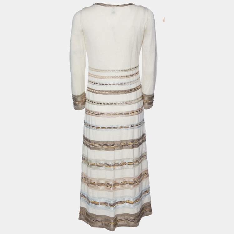Pre Owned M Missoni Beige Striped Lurex & Wool Knit Long Dress M