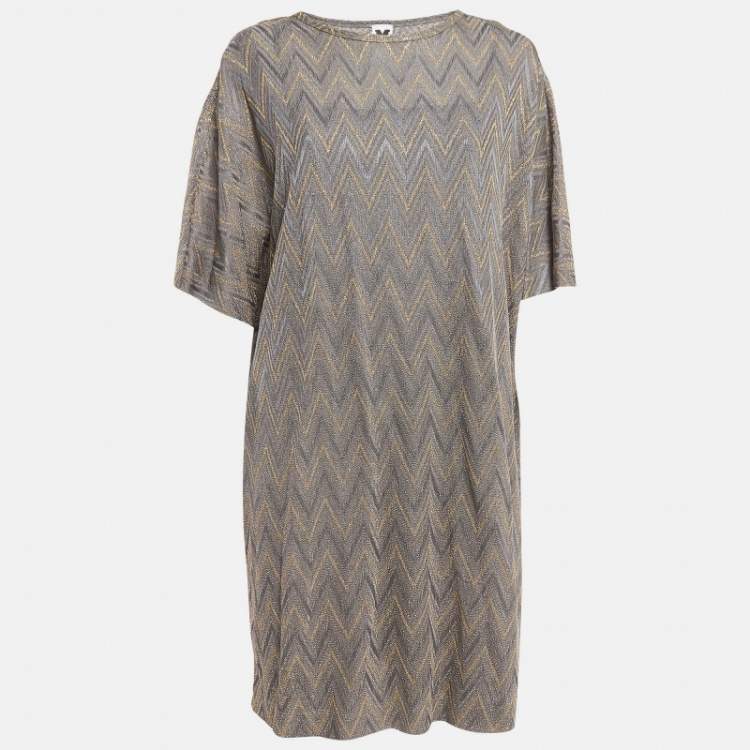 Pre Owned M Missoni Grey & Gold Chevron Pattern Lurex Knit Short Dress S