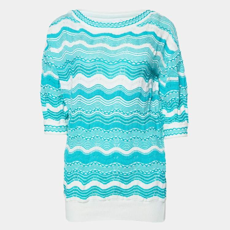 Pre Owned M Missoni White/Blue Wavy Textured Knit Jumper M