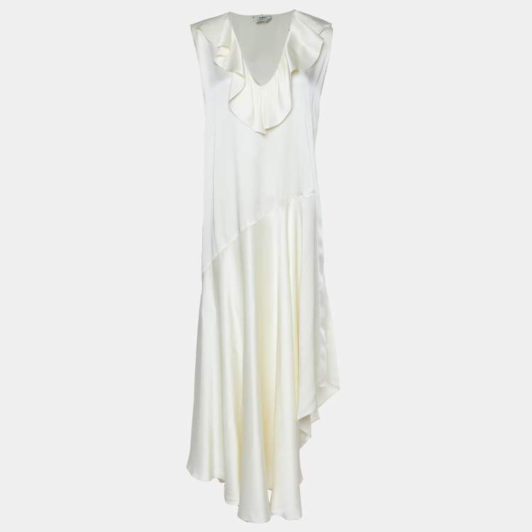 Pre Owned Fendi Cream Satin Ruffled Sleeveless Maxi Dress S
