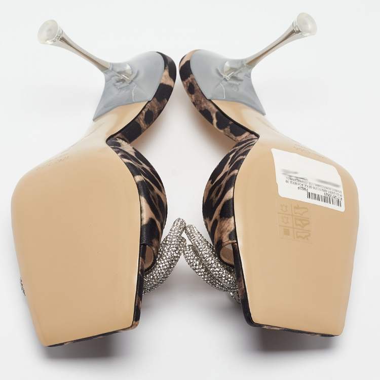 Pre Owned Mach & Mach Brown/Black Leopard Print Satin Crystal Embellished Double Bow Slide Sandals Size 39