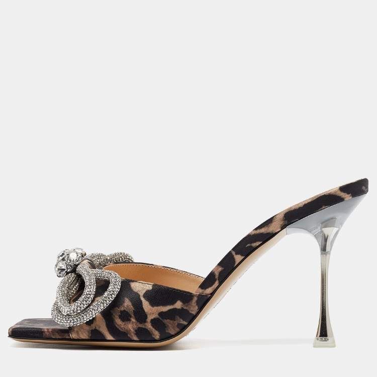 Pre Owned Mach & Mach Brown/Black Leopard Print Satin Crystal Embellished Double Bow Slide Sandals Size 39