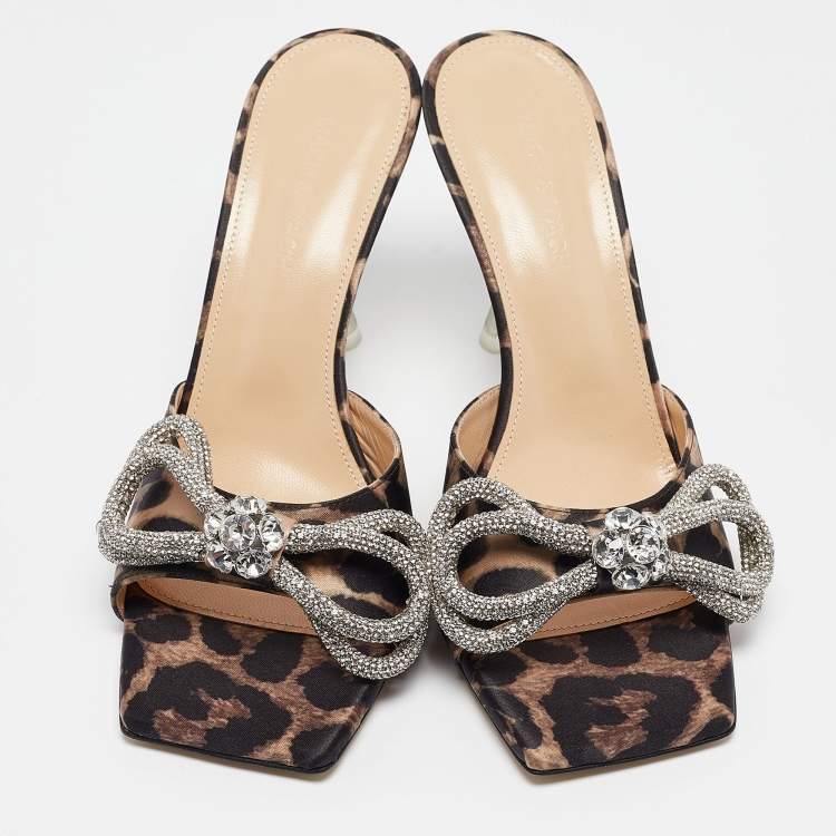 Pre Owned Mach & Mach Brown/Black Leopard Print Satin Crystal Embellished Double Bow Slide Sandals Size 39