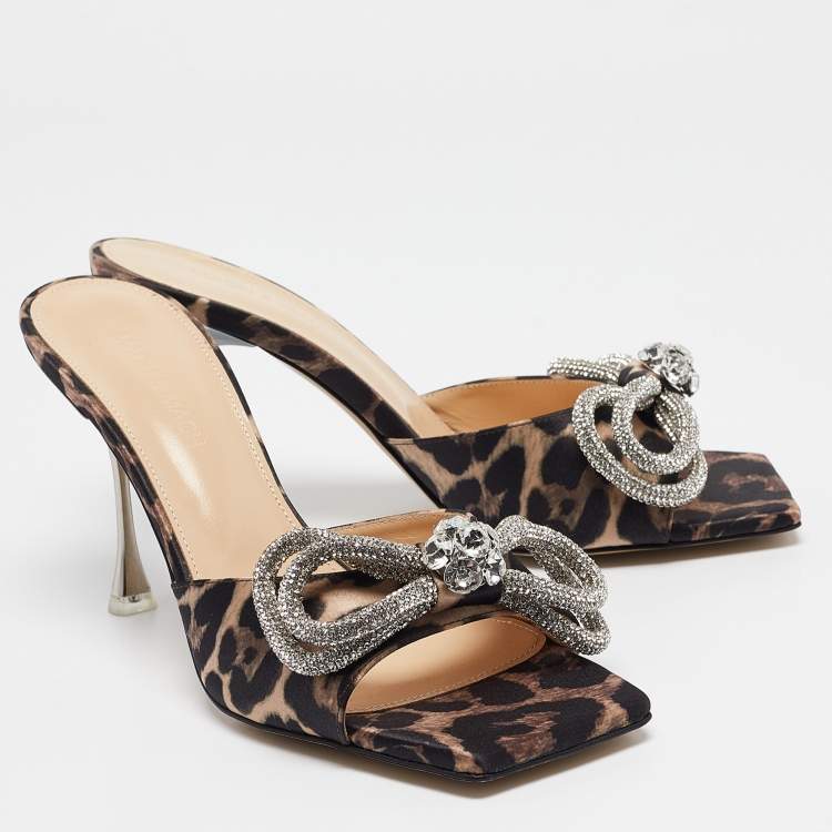 Pre Owned Mach & Mach Brown/Black Leopard Print Satin Crystal Embellished Double Bow Slide Sandals Size 39