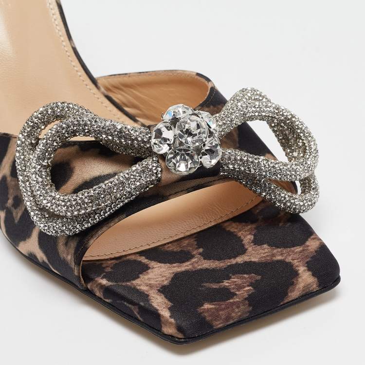 Pre Owned Mach & Mach Brown/Black Leopard Print Satin Crystal Embellished Double Bow Slide Sandals Size 39