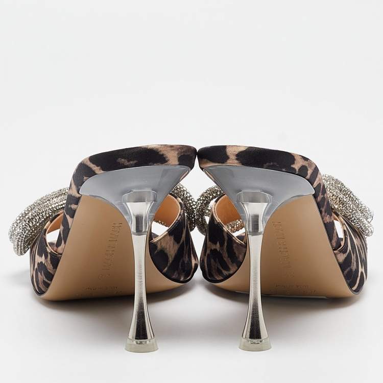 Pre Owned Mach & Mach Brown/Black Leopard Print Satin Crystal Embellished Double Bow Slide Sandals Size 39