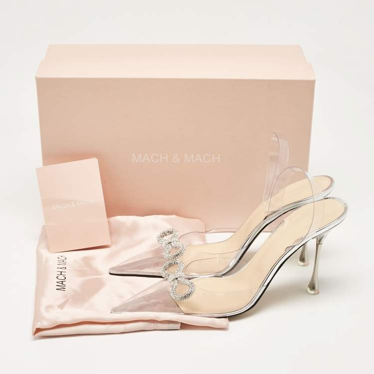 Pre Owned Mach & Mach Transparent PVC Crystal Embellished Bow Slingback Pumps Size 40.5
