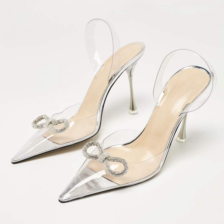 Pre Owned Mach & Mach Transparent PVC Crystal Embellished Bow Slingback Pumps Size 40.5