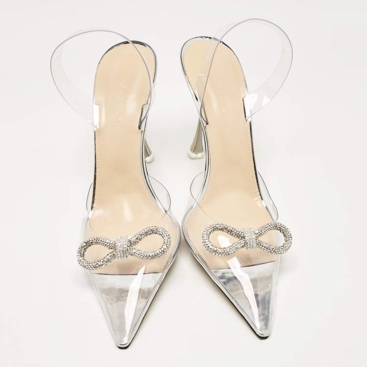 Pre Owned Mach & Mach Transparent PVC Crystal Embellished Bow Slingback Pumps Size 40.5