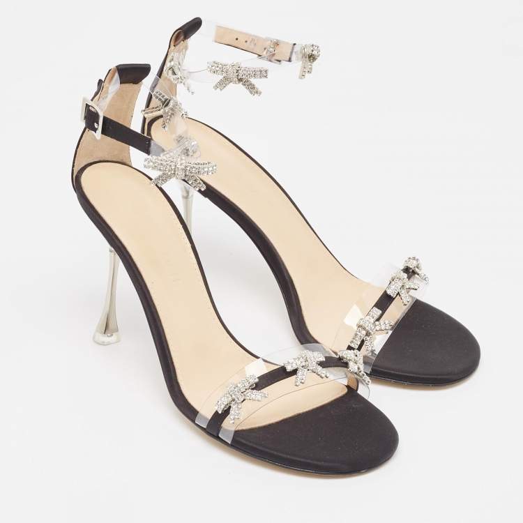 Pre Owned Mach & Mach Transparent PVC and Satin Floating Crystal Bow Sandals Size 39