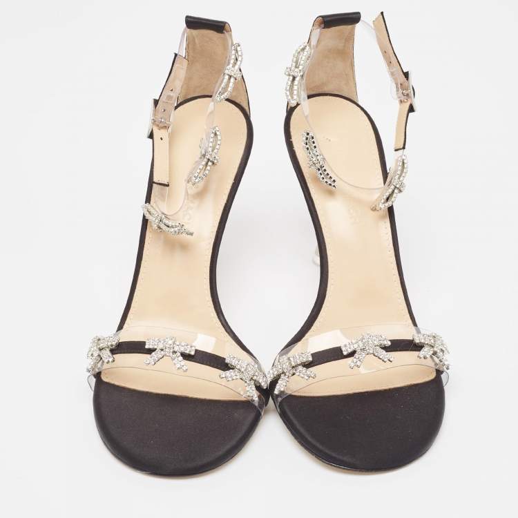 Pre Owned Mach & Mach Transparent PVC and Satin Floating Crystal Bow Sandals Size 39
