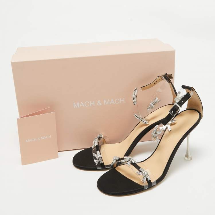 Pre Owned Mach & Mach Transparent PVC and Satin Floating Crystal Bow Sandals Size 39