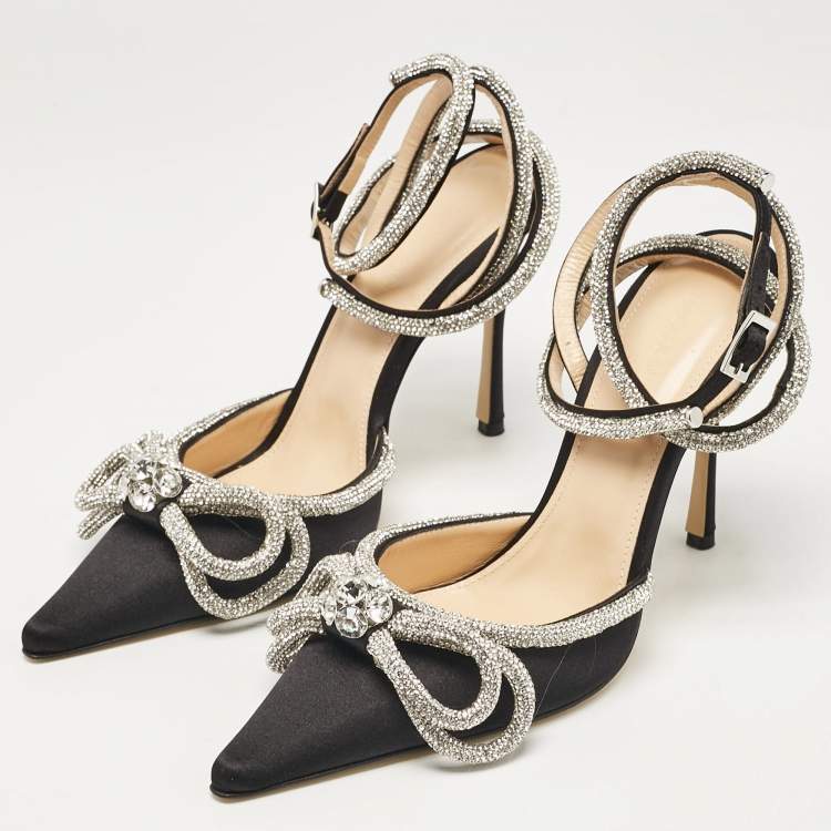 Pre Owned Mach & Mach Black Satin Crystal Embellished Double Bow Ankle Strap Pumps Size 38.5