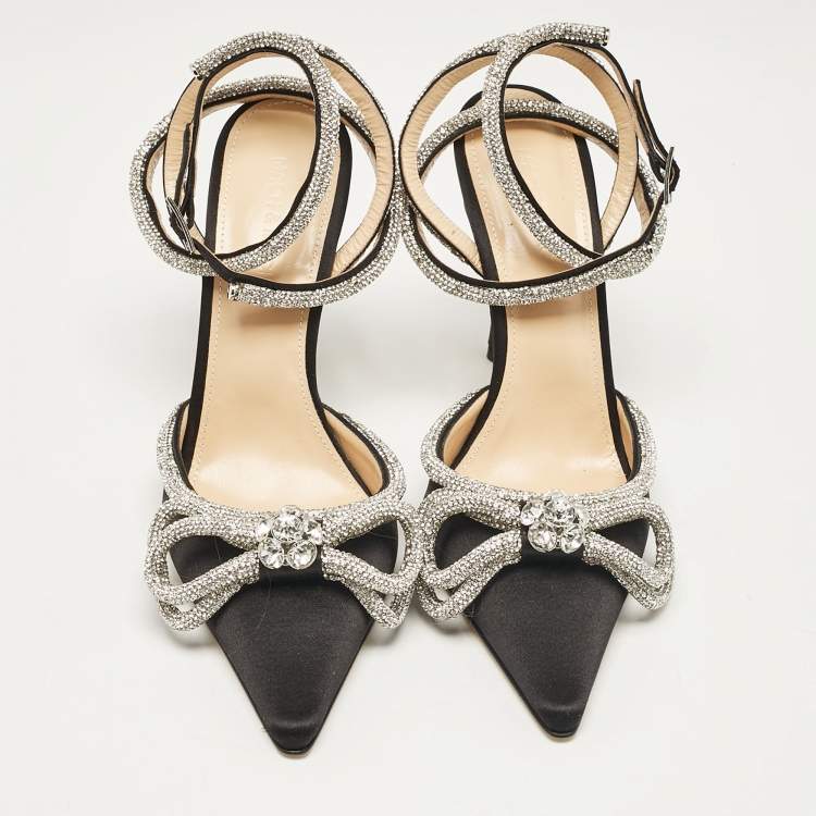 Pre Owned Mach & Mach Black Satin Crystal Embellished Double Bow Ankle Strap Pumps Size 38.5