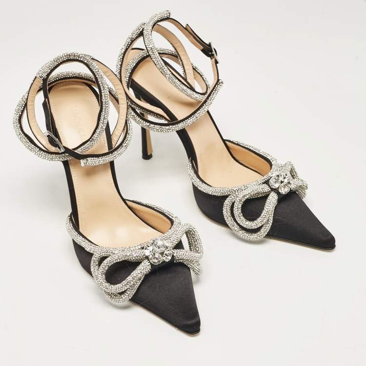 Pre Owned Mach & Mach Black Satin Crystal Embellished Double Bow Ankle Strap Pumps Size 38.5