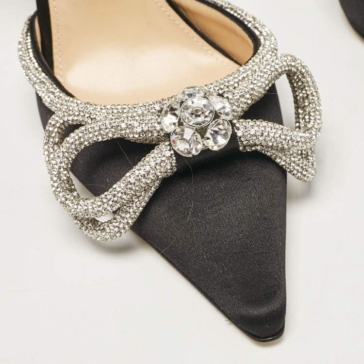 Pre Owned Mach & Mach Black Satin Crystal Embellished Double Bow Ankle Strap Pumps Size 38.5