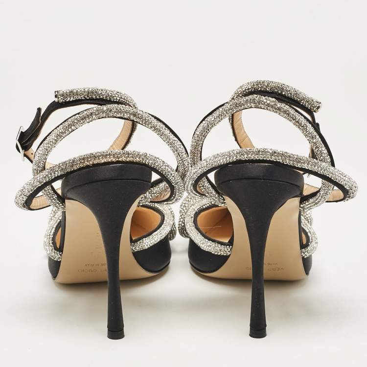 Pre Owned Mach & Mach Black Satin Crystal Embellished Double Bow Ankle Strap Pumps Size 38.5