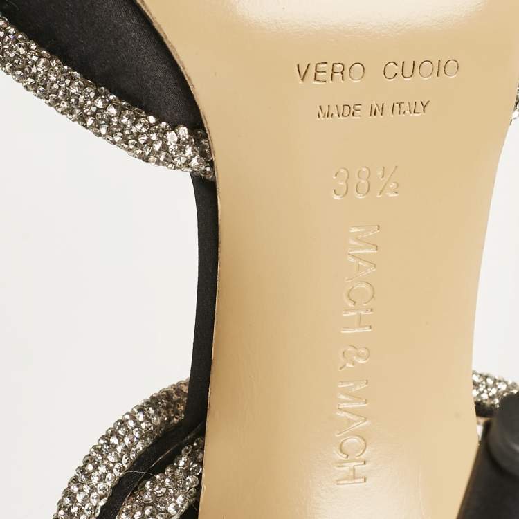 Pre Owned Mach & Mach Black Satin Crystal Embellished Double Bow Ankle Strap Pumps Size 38.5