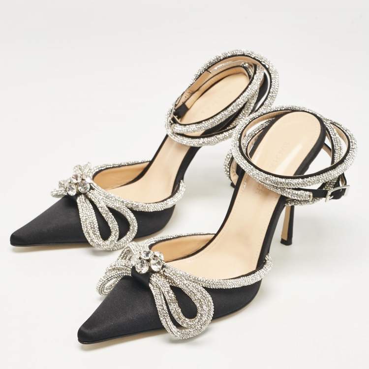 Pre Owned Mach & Mach Black Satin Embellished Double Bow Ankle Strap Pumps Size 40