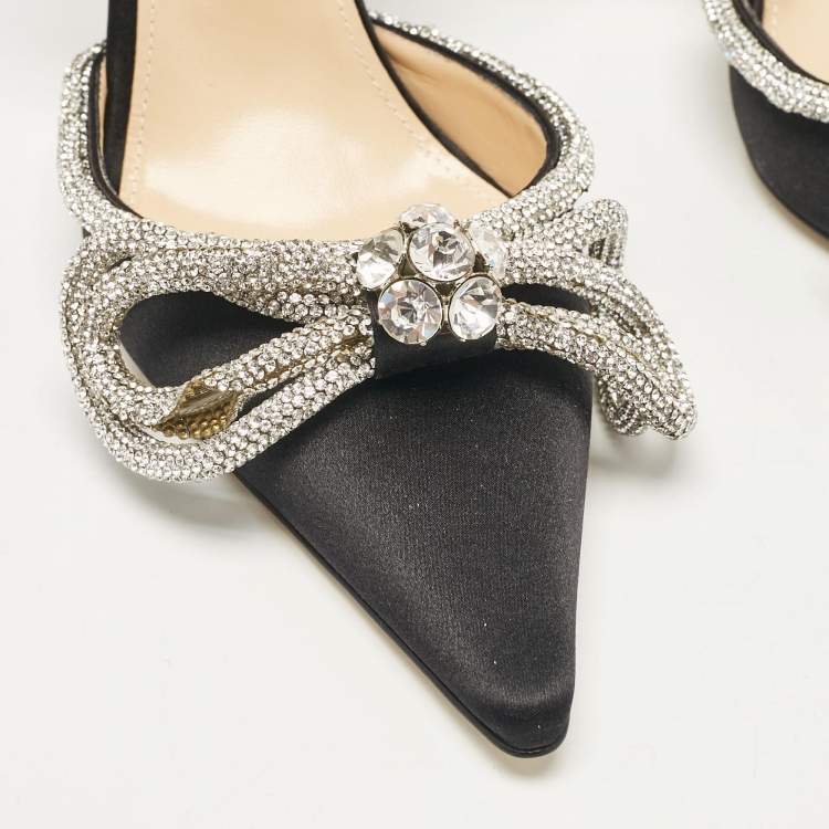 Pre Owned Mach & Mach Black Satin Embellished Double Bow Ankle Strap Pumps Size 40