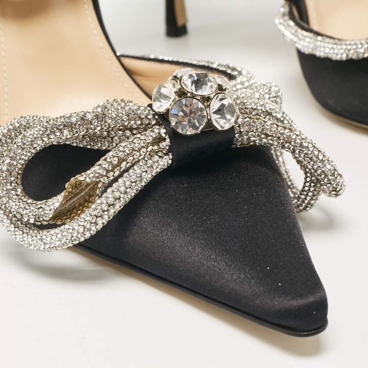 Pre Owned Mach & Mach Black Satin Embellished Double Bow Ankle Strap Pumps Size 40