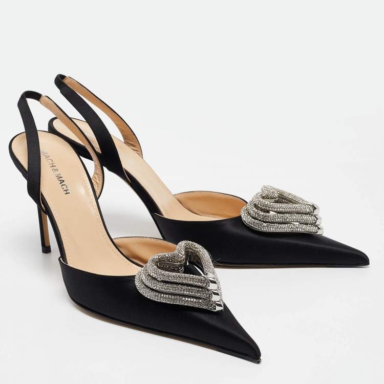 Pre Owned Mach & Mach Black Satin Triple Heart Slingback Pumps Size 41