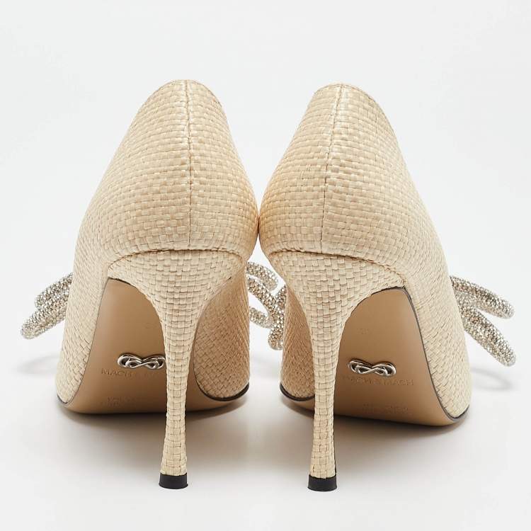 Pre Owned Mach & Mach Beige Raffia Crystal Double Bow Pumps Size 39