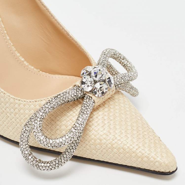 Pre Owned Mach & Mach Beige Raffia Crystal Double Bow Pumps Size 39
