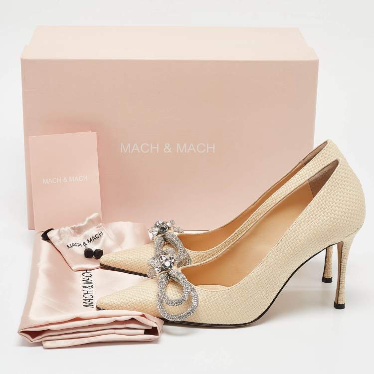 Pre Owned Mach & Mach Beige Raffia Crystal Double Bow Pumps Size 39