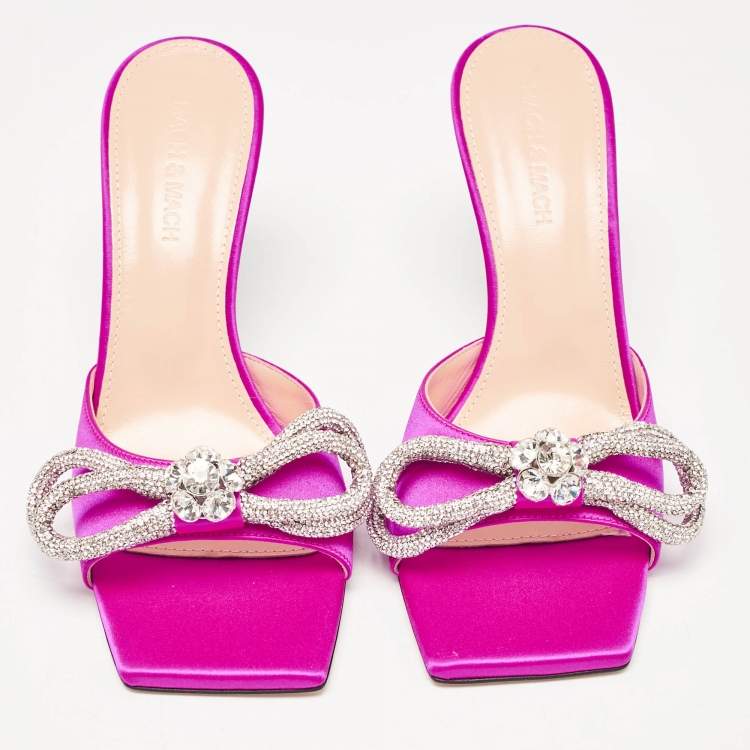 Pre Owned Mach & Mach Pink Satin Double Bow Crystal Embellished Slip Sandals Size 38