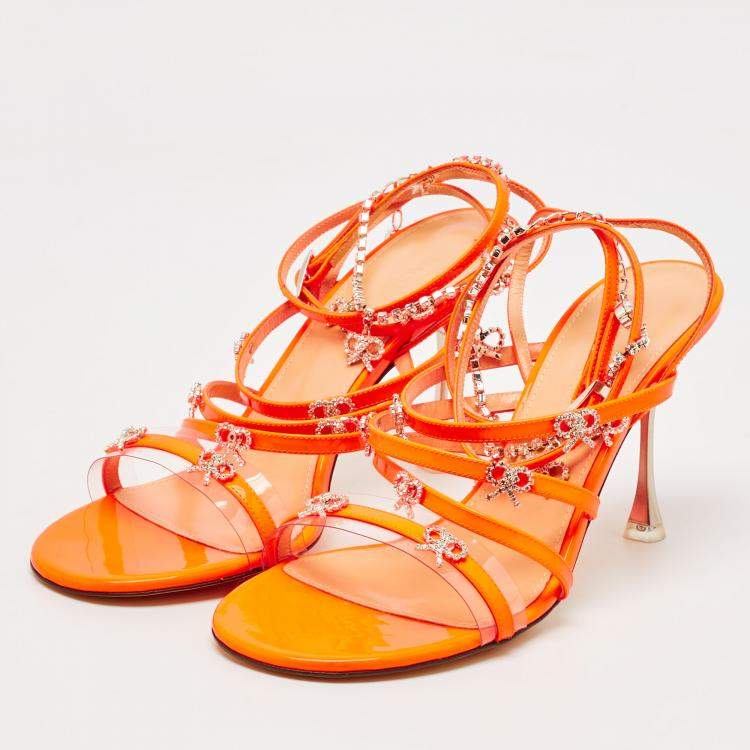 Pre Owned Mach & Mach Neon Orange Patent Leather Crystal Bow Camille Sandals Size 39