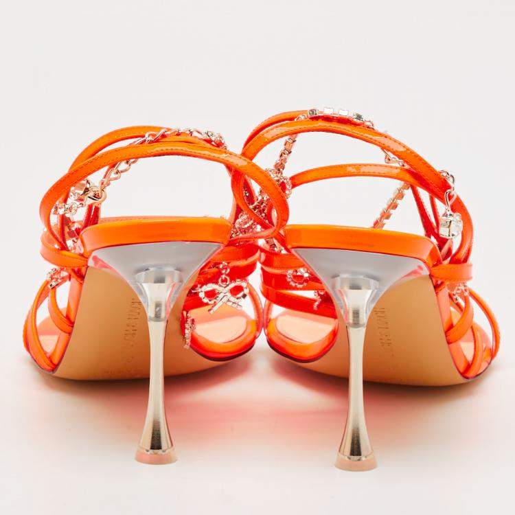 Pre Owned Mach & Mach Neon Orange Patent Leather Crystal Bow Camille Sandals Size 39