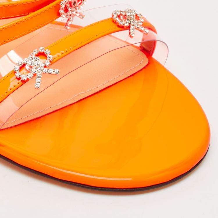 Pre Owned Mach & Mach Neon Orange Patent Leather Crystal Bow Camille Sandals Size 39