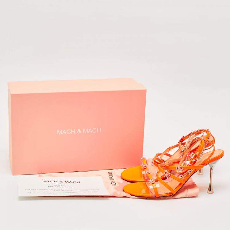 Pre Owned Mach & Mach Neon Orange Patent Leather Crystal Bow Camille Sandals Size 39
