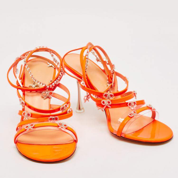 Pre Owned Mach & Mach Neon Orange Patent Leather Crystal Bow Camille Sandals Size 39