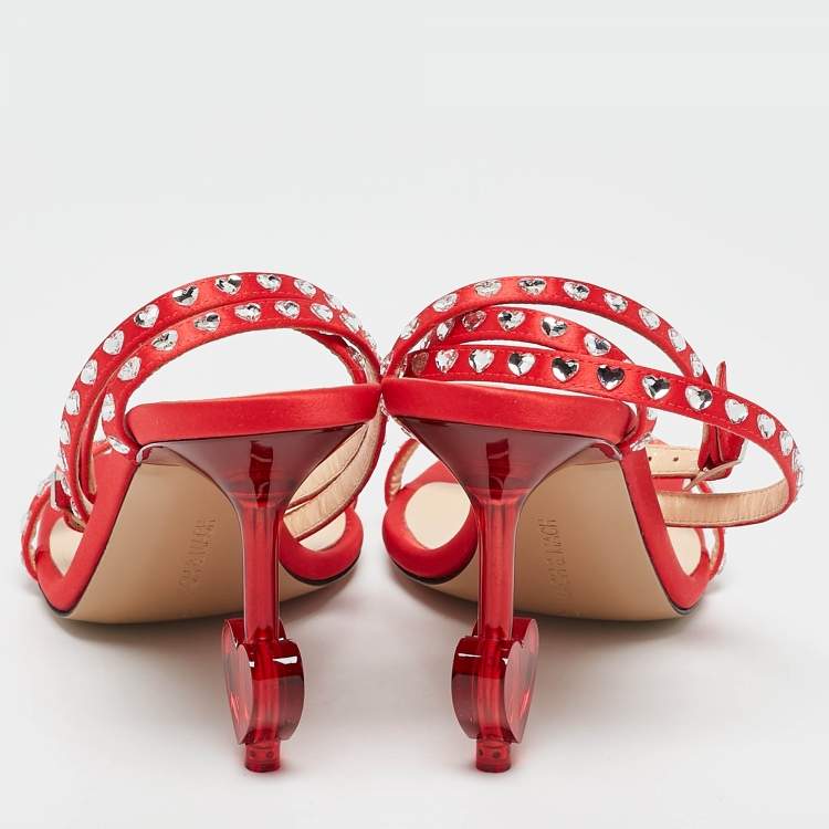 Pre Owned Mach & Mach Red Satin Crystal Embellished Ankle Strap Sandals Size 37