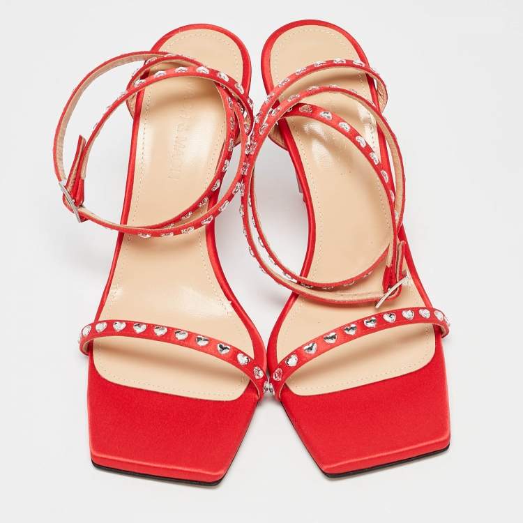 Pre Owned Mach & Mach Red Satin Crystal Embellished Ankle Strap Sandals Size 37