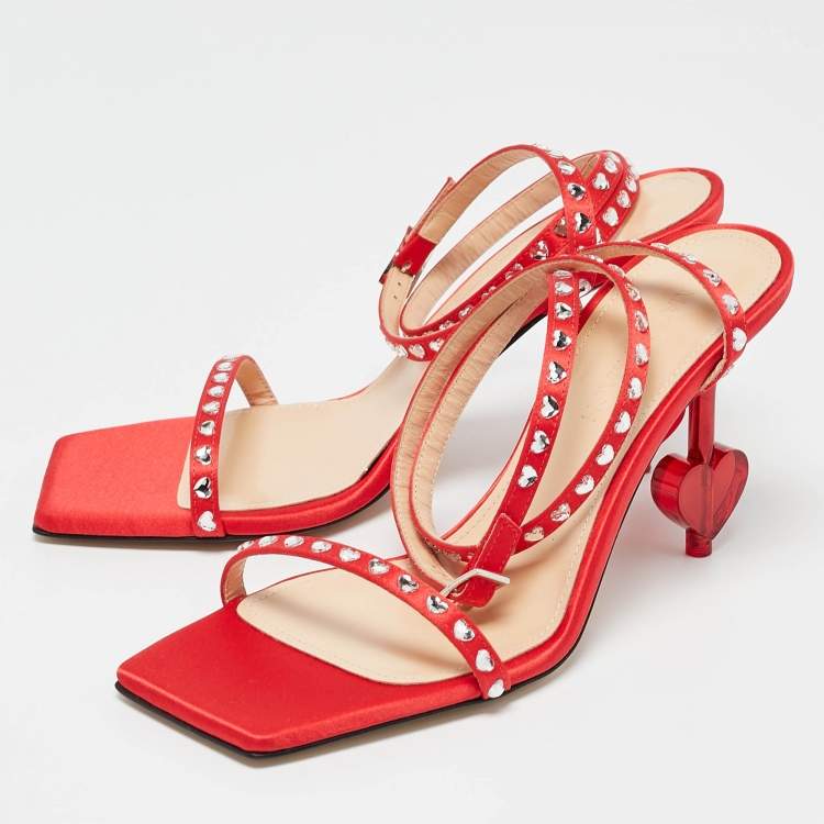 Pre Owned Mach & Mach Red Satin Crystal Embellished Ankle Strap Sandals Size 37