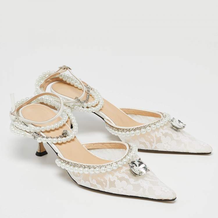 Pre Owned Mach & Mach White Lace Diamond of Elizabeth Ankle Wrap Pumps Size 39