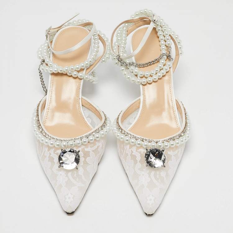 Pre Owned Mach & Mach White Lace Diamond of Elizabeth Ankle Wrap Pumps Size 39