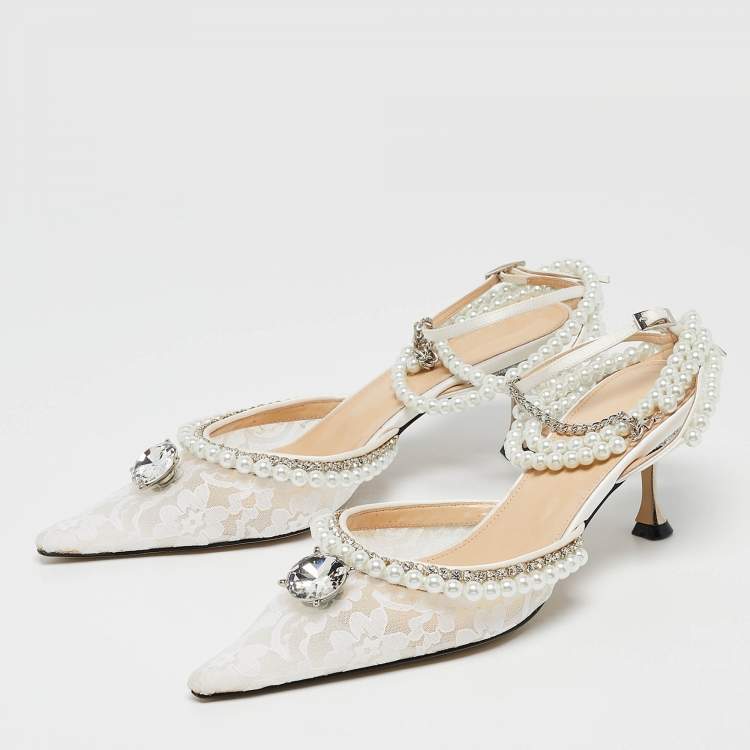 Pre Owned Mach & Mach White Lace Diamond of Elizabeth Ankle Wrap Pumps Size 39