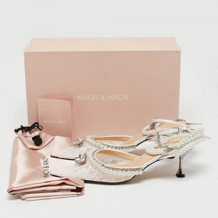 Pre Owned Mach & Mach White Lace Diamond of Elizabeth Ankle Wrap Pumps Size 39