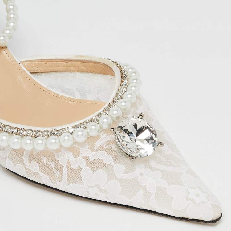 Pre Owned Mach & Mach White Lace Diamond of Elizabeth Ankle Wrap Pumps Size 39
