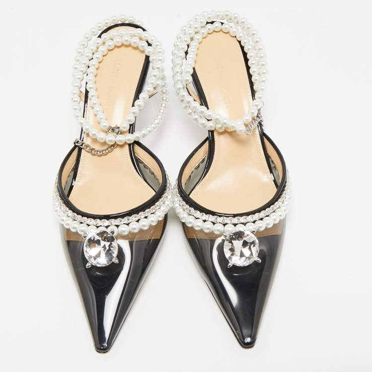Pre Owned Mach & Mach Black PVC Diamond of Elizabeth Imitation Pearl Pumps Size 39