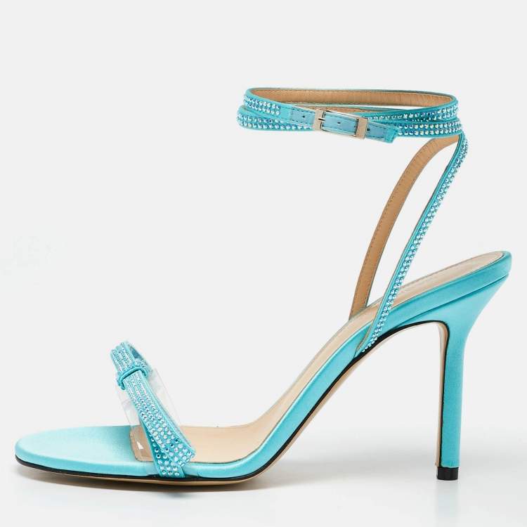 Pre Owned Mach & Mach Blue Satin and PVC French Bow Sandals Size 37.5