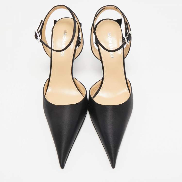 Pre Owned Mach & Mach Black Satin Wonder Tulip Pointed Toe Ankle Strap Sandals Size 38
